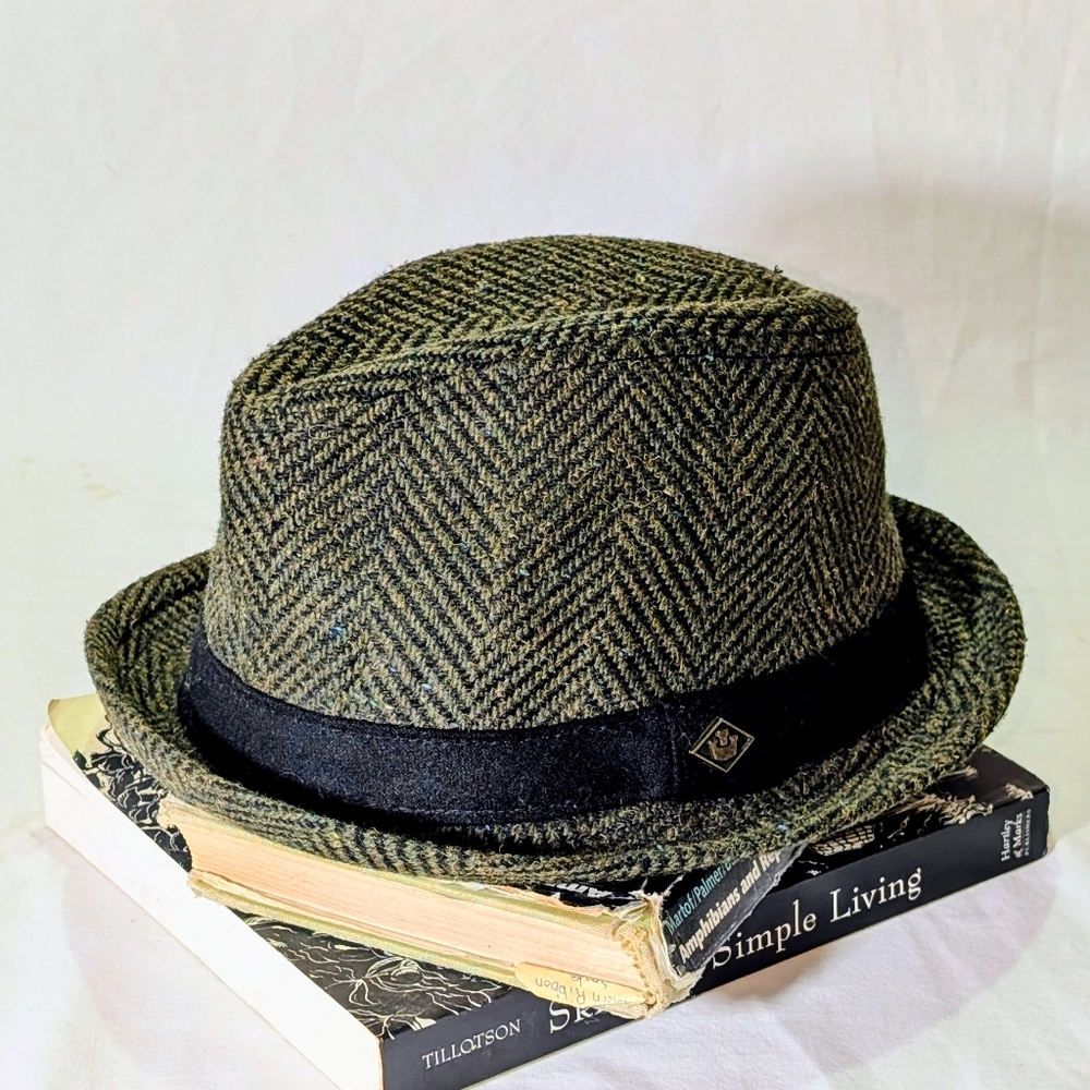 Goorin Bros. L Dark Green & Black Herringbone Tweed Fedora Hat